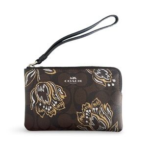 Coach Brown and Tan Monogram Metallic Tulip Floral Wristlet